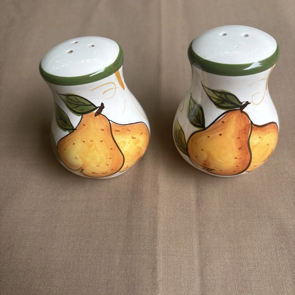 Vintage Set of Ceramic Orange Pear Fruit Salt and Pepper Shakers 3